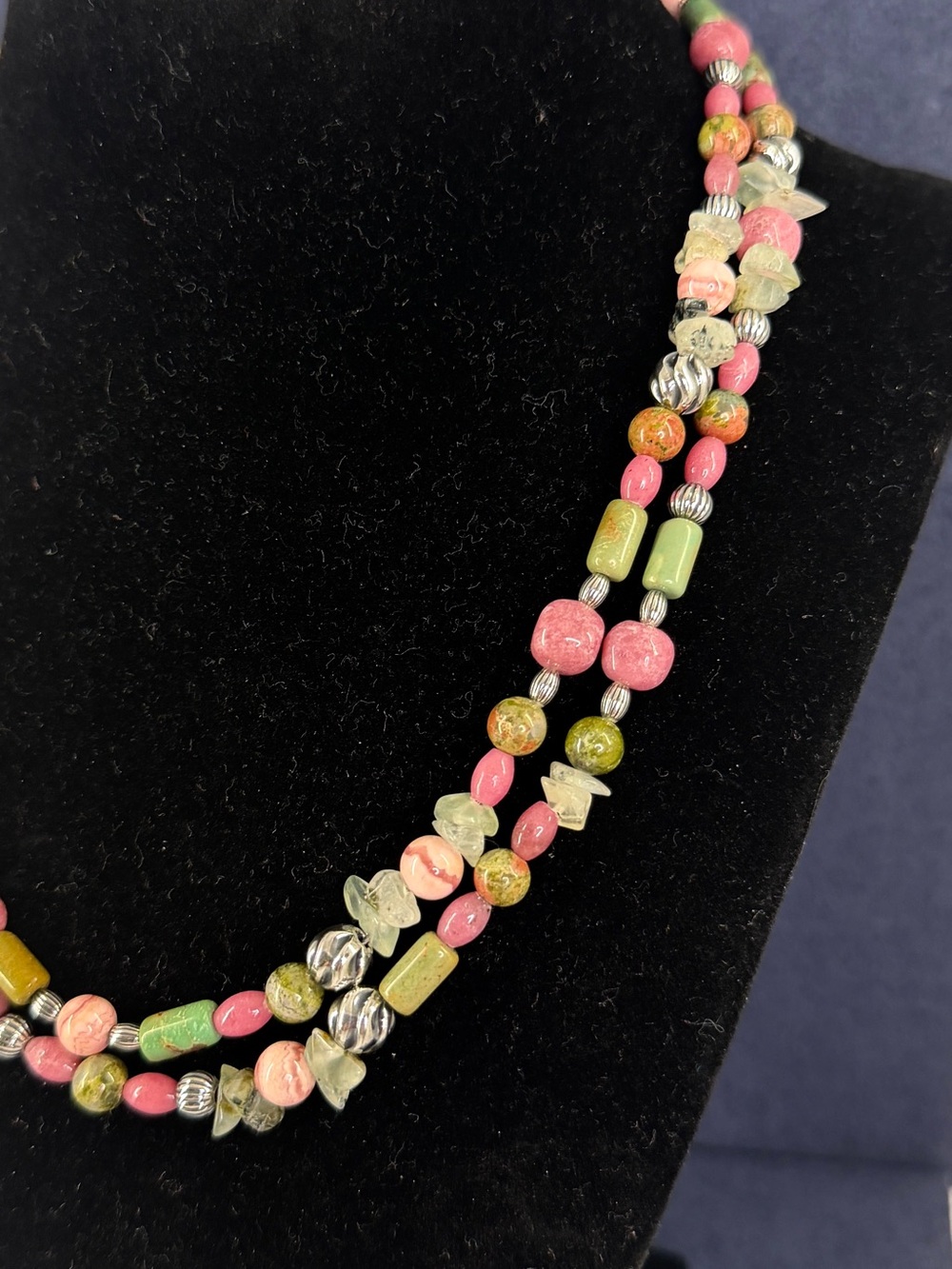 CAROLYN POLLACK Sterling Silver Pink Green Rhodonite Jasper Unakite Necklace - Picture 5 of 9